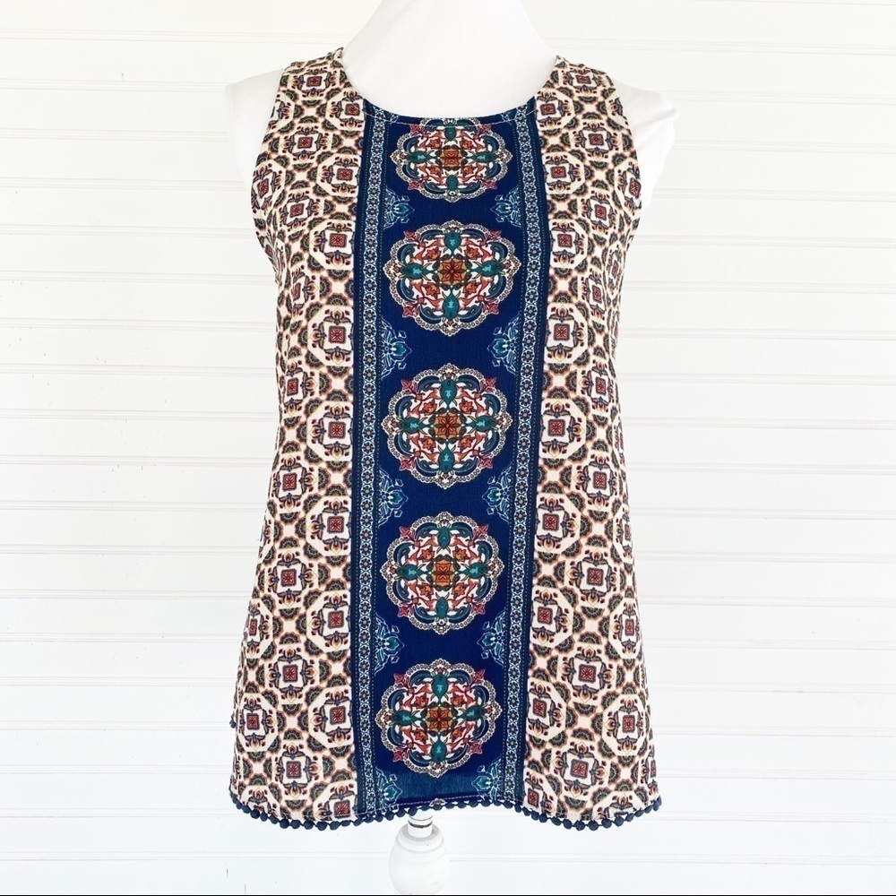 Xhilaration Tank Top Size Medium Boho Medallion Tile Print Pom Pom Trim Blue